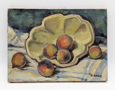 a painting of a bowl of peaches on a table