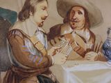 painting of a man and woman sitting at a table with a vase in the background