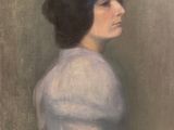 an oil painting of a woman in a white dress with a yellow sash