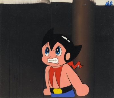 cellule d'animation représentant un jeune garçon vêtu d'un t-shirt rouge et d'un short bleu