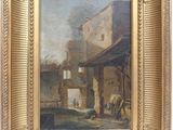 une peinture à l'huile représentant une scène de village avec un cheval et un homme