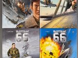 four movie posters of a man standing in front of a helicopter