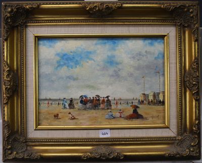 tableau représentant une scène de plage avec des personnes sur le sable et des parasols