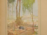 an old book with a picture of a man and a woman sitting under a tree