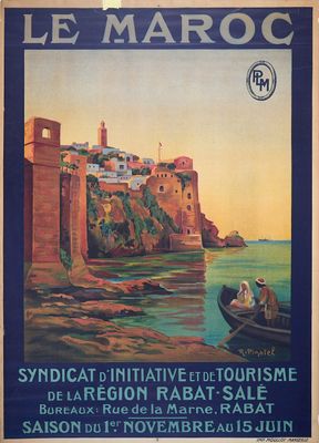 une vieille affiche de voyage française représentant une petite ville sur la côte