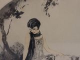 a painting of a woman sitting on a bench with a dog