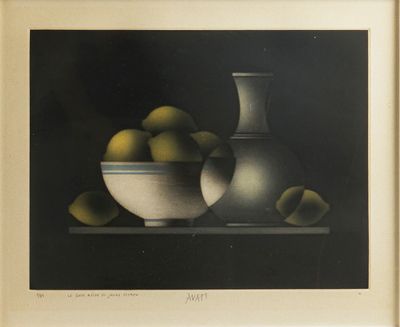 tableau représentant une nature morte avec un bol de pommes et un vase