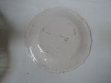 a white plate with a brown spot on it
