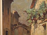 an oil painting of a street scene with people walking down the street