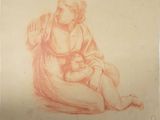 an old drawing of a woman holding a baby in her lap