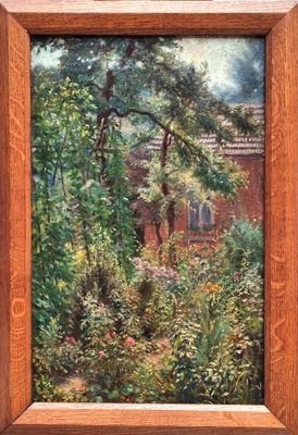 an oil painting of a garden with a house in the background