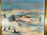 an oil painting of a landscape with trees and hills in a gold frame