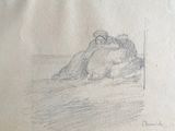 pencil drawing of a man laying on a rock in the water