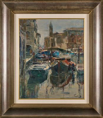 an oil painting of boats docked in a harbor with buildings in the background