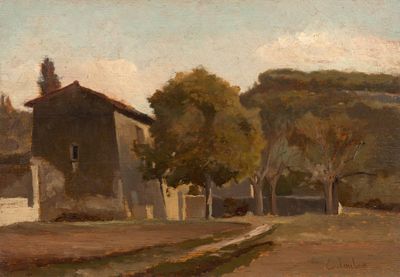 tableau représentant une vieille maison dans un cadre champêtre, avec des arbres