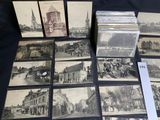 several old black and white photographs of a town and a church