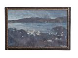 an oil painting of a view of a lake with a mountain in the background