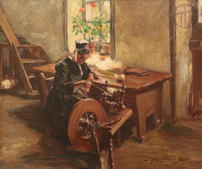 tableau représentant un homme travaillant sur un métier à filer dans une pièce