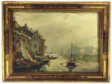 une image d'une peinture de bateaux dans un port avec des bâtiments en arrière-plan