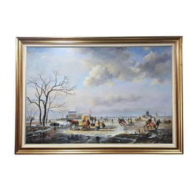 painting of a winter scene with a horse drawn carriage and people on a frozen river