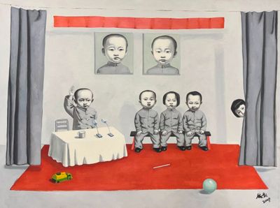 tableau représentant un groupe d'hommes assis à une table, avec un bébé devant eux