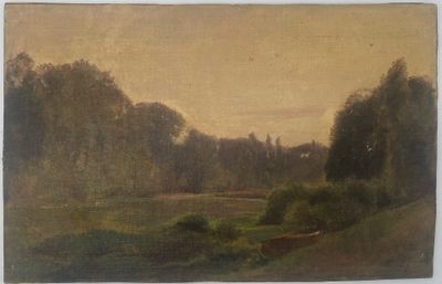 l'image d'une peinture d'un champ avec des arbres en arrière-plan
