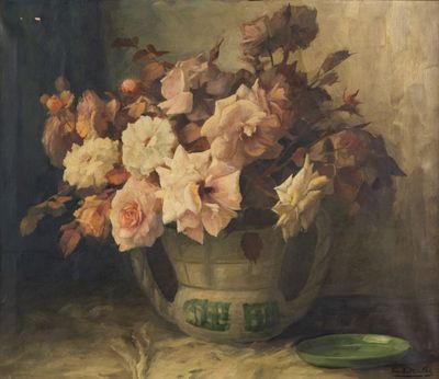 une peinture de fleurs dans un vase sur une table