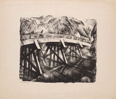 une image représentant un dessin d'un pont enjambant un plan d'eau