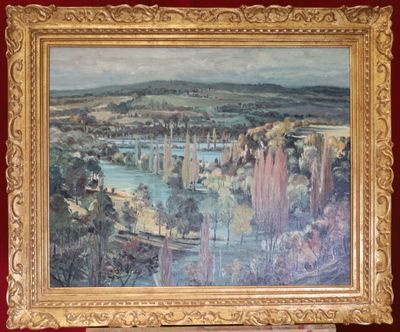 une peinture représentant une vue d'une ville depuis une fenêtre
