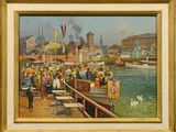peinture représentant une peinture montrant des personnes sur un bateau dans un port