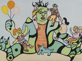 a drawing of a group of people riding on the back of a horse