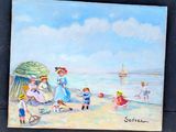 a painting of a family on the beach by the water
