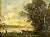 une peinture représentant un homme dans un bateau sur l'eau