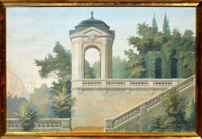 a painting on the wall of a building with a clock tower