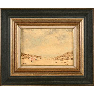 a painting of a beach scene with people on the sand