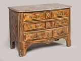 a small wooden chest of drawers with marble top