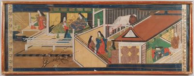 tableau représentant un tableau dans lequel on voit des personnes à l'intérieur d'un bâtiment, avec un cheval au premier plan