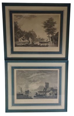 two framed pictures of a river scene with boats in the water