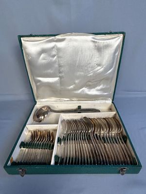 silverware in a green case on a blue background