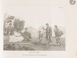 a drawing of a group of people standing around a campfire