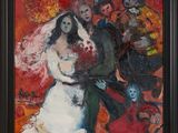 an oil painting of a bride and groom on a red background