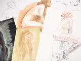 many drawings of a woman sitting on a stool