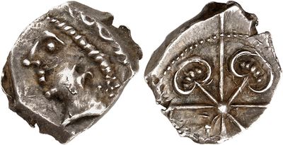 a silver coin with an image of a man and a woman on it