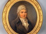 portrait d'un homme vêtu d'un manteau marron et d'une chemise blanche, dans un cadre doré