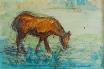 a drawing of a horse grazing in a field