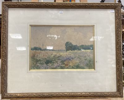 tableau représentant un champ de fleurs sauvages avec des arbres au loin