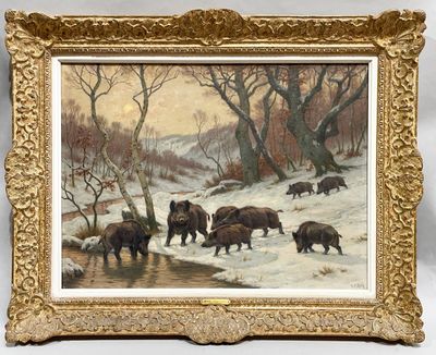 an image of a painting of a herd of bison in a snowy landscape