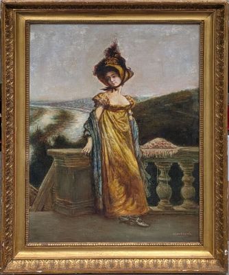une peinture à l'huile représentant une femme vêtue d'une robe jaune et d'un chapeau