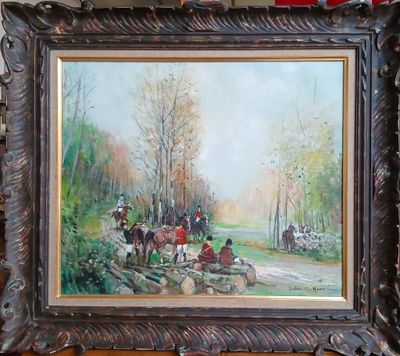 un tableau représentant un groupe de personnes à cheval dans les bois