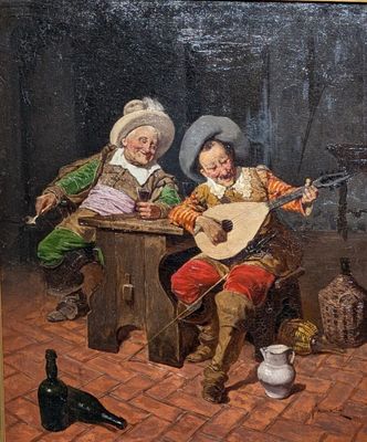 tableau représentant deux hommes jouant du luth et une bouteille de vin